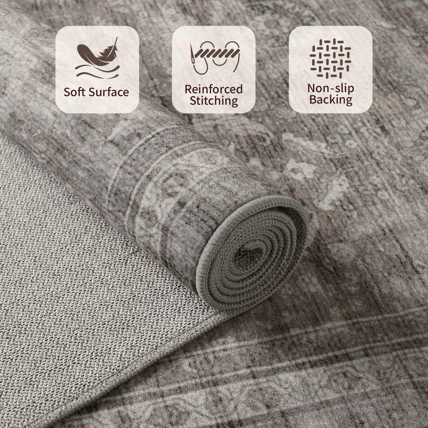 Rugxara Area Rugs 5x7 for Living Room Bedroom. Grey Washable Rug. Vintage Retro Boho Rug. Non Slip & Low Pile Faux Wool Thin Carpet for Indoor Dining Room. Dorm and Kids Room(Taupe/Grey 5x7ft) - Image 4