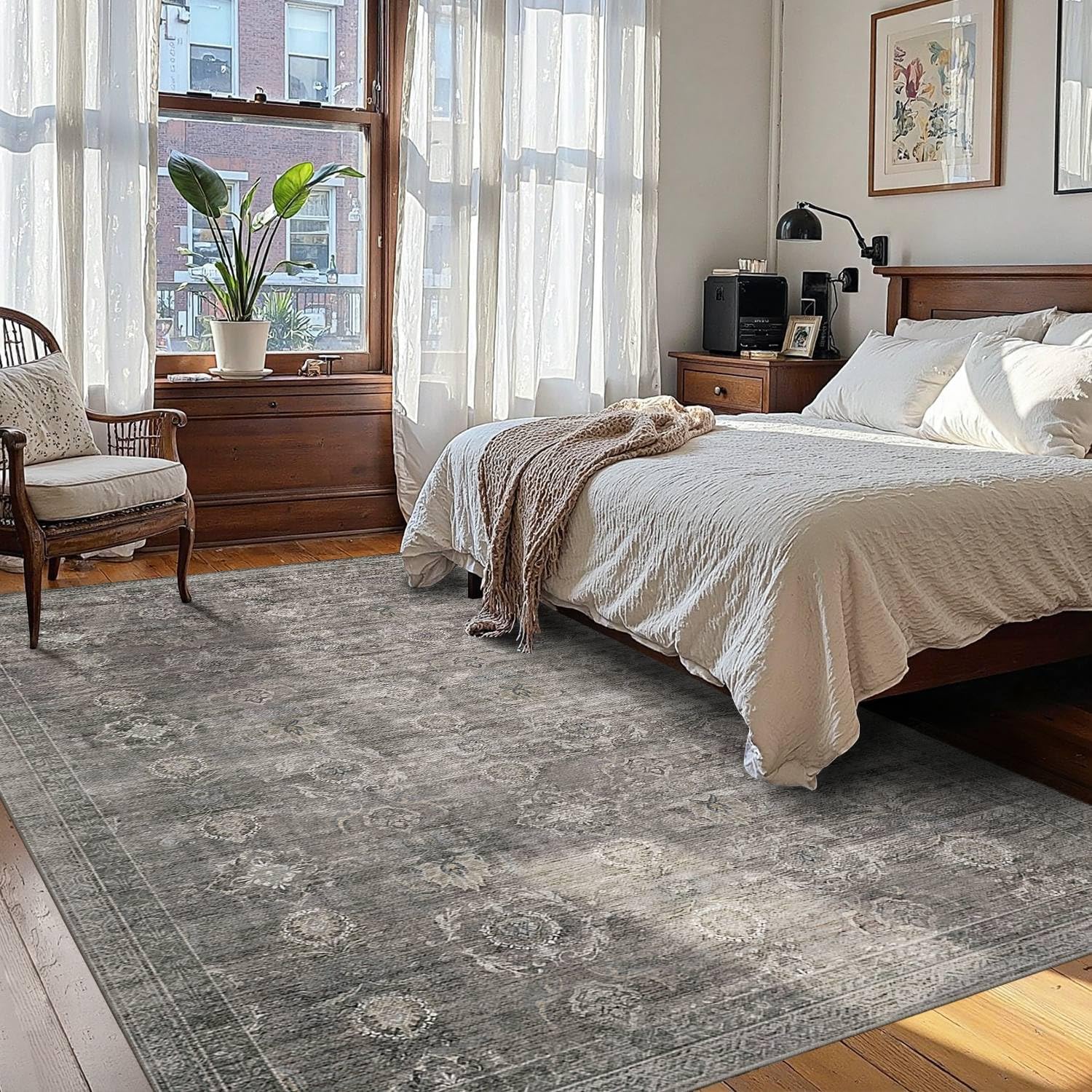 Rugxara Area Rugs 5x7 for Living Room Bedroom. Grey Washable Rug. Vintage Retro Boho Rug. Non Slip & Low Pile Faux Wool Thin Carpet for Indoor Dining Room. Dorm and Kids Room(Taupe/Grey 5x7ft) - Image 3