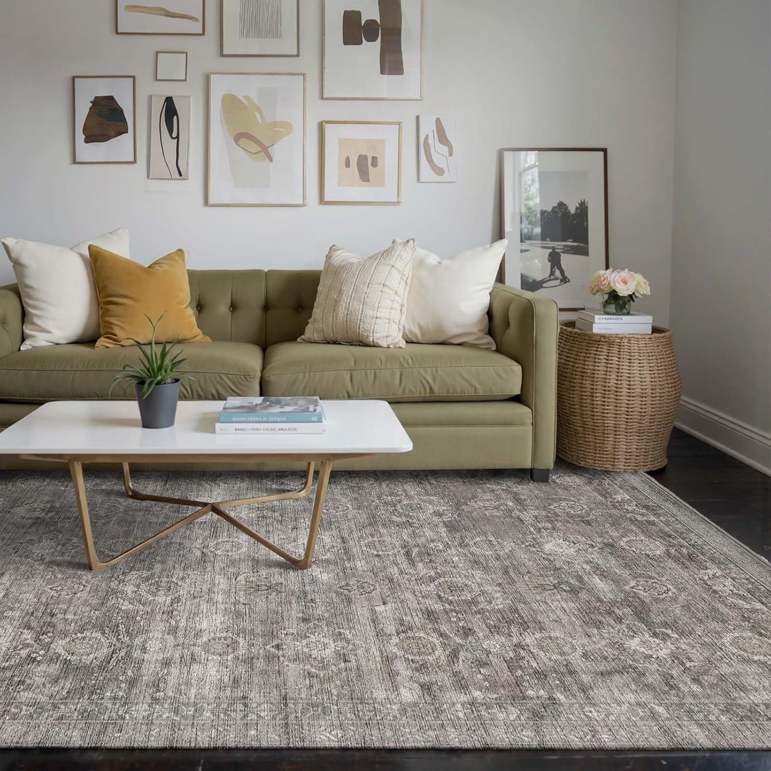 Rugxara Area Rugs 5x7 for Living Room Bedroom. Grey Washable Rug. Vintage Retro Boho Rug. Non Slip & Low Pile Faux Wool Thin Carpet for Indoor Dining Room. Dorm and Kids Room(Taupe/Grey 5x7ft) - Image 2