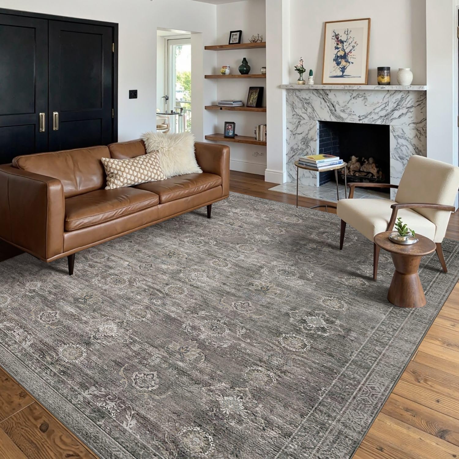 Rugxara Area Rugs 5x7 for Living Room Bedroom. Grey Washable Rug. Vintage Retro Boho Rug. Non Slip & Low Pile Faux Wool Thin Carpet for Indoor Dining Room. Dorm and Kids Room(Taupe/Grey 5x7ft)