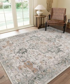 GENIMO 5X7 Area Rugs for Living Room. Machine Washable Non Slip Vintage Rugs. Low Pile Lightweight Chenille Print Rug for Bedroom. Dining Room. Home Office. Light Taupe Brown